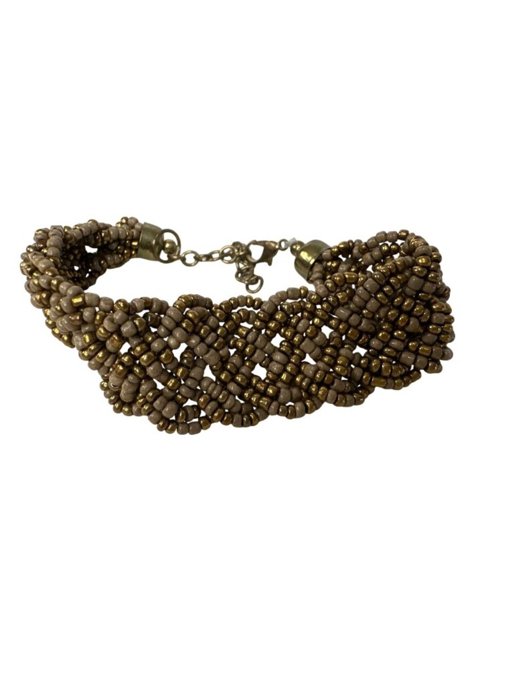 Braided Beaded Bracelet Gold & Taupe Seed Beads Handmade Jewelry 9 Inches